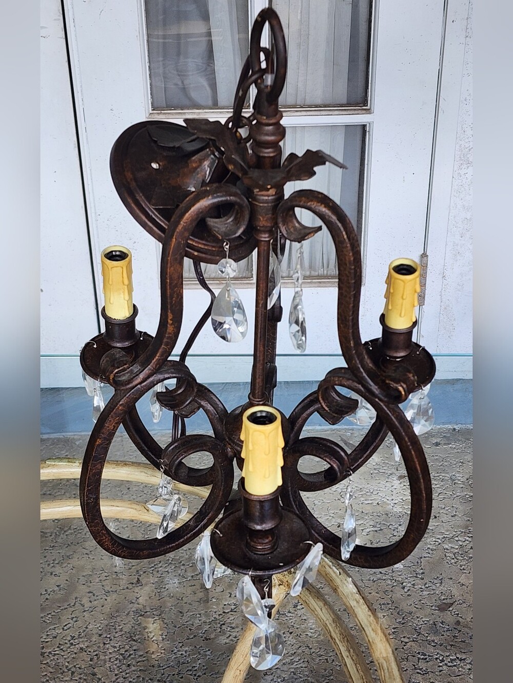 Vintage Bronze Crystal Leaf Semi Flush Mini Chandelier, Rare & Unique